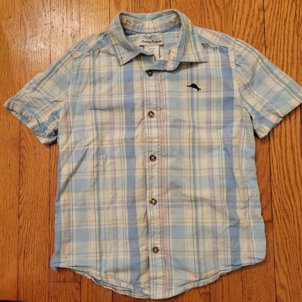 Tommy Bahama Boys Short Sleeve Button Up Shirt 7 8 Blue Yellow Plaid